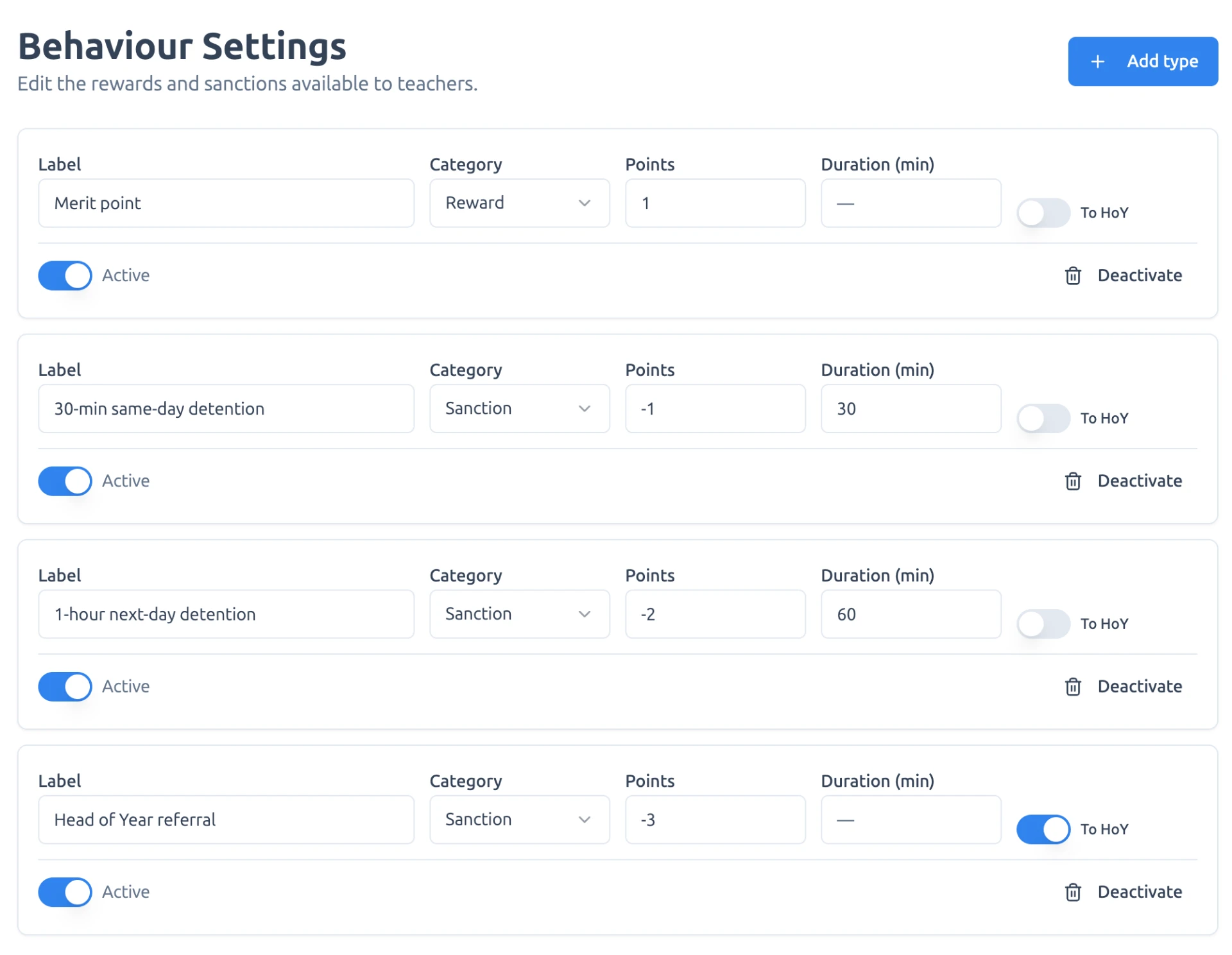 Behaviour settings editor for configuring reward types and sanction types.