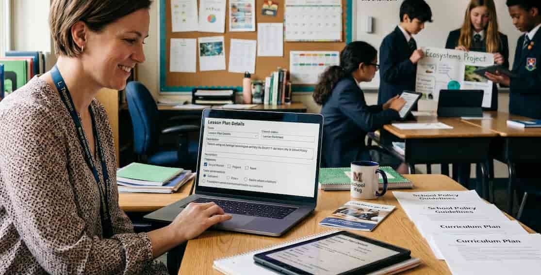 Teacher using Teachers.guide lesson planning tool while pupils work on an ecosystems project