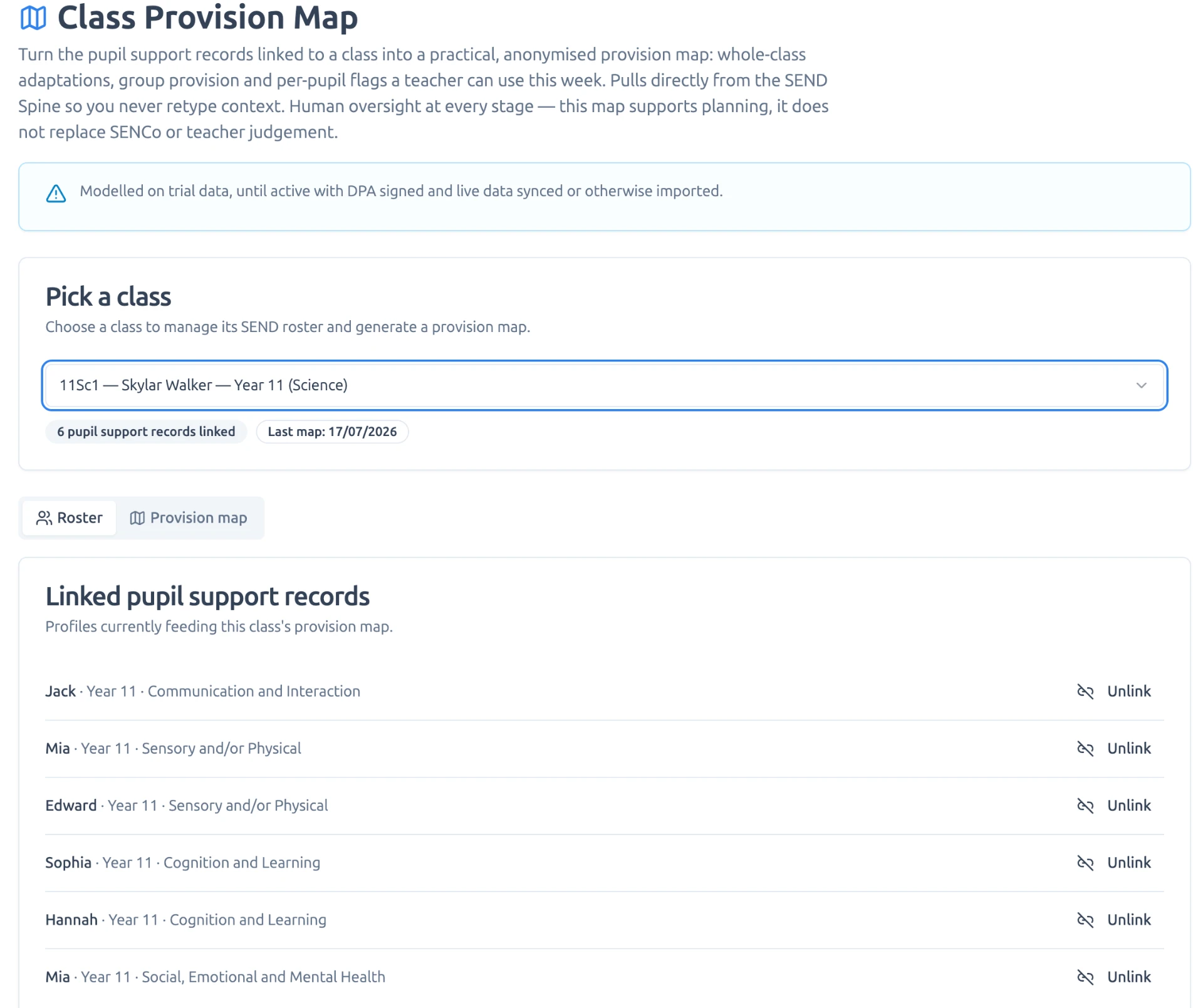 Class Provision Map with a class selected and linked pupil support records listed by year group and area of need.