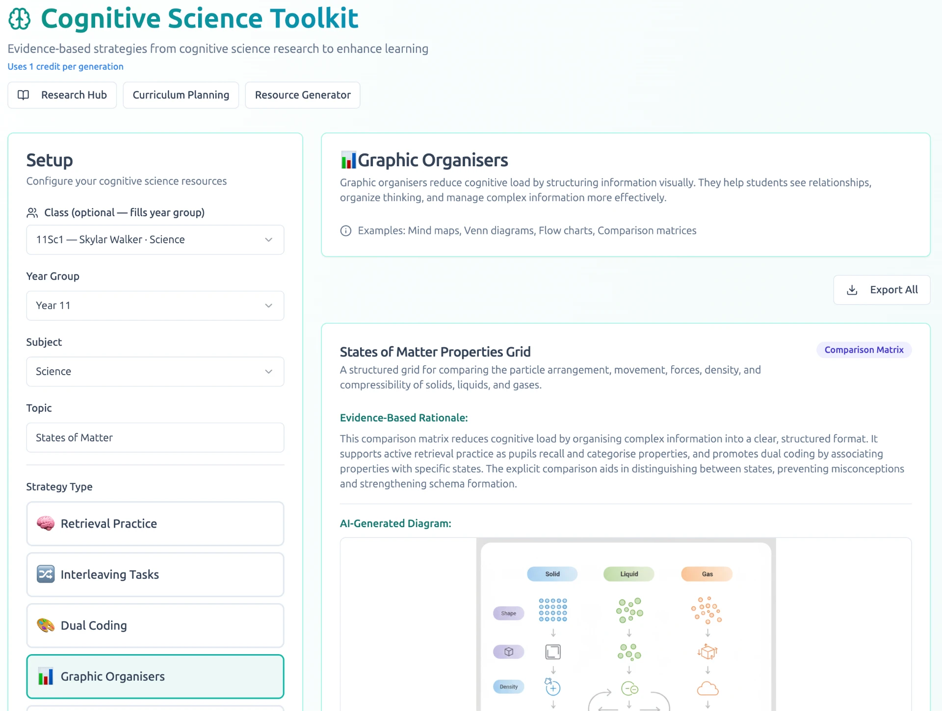 Cognitive Science Toolkit generating a States of Matter comparison matrix with an evidence-based rationale and AI diagram.