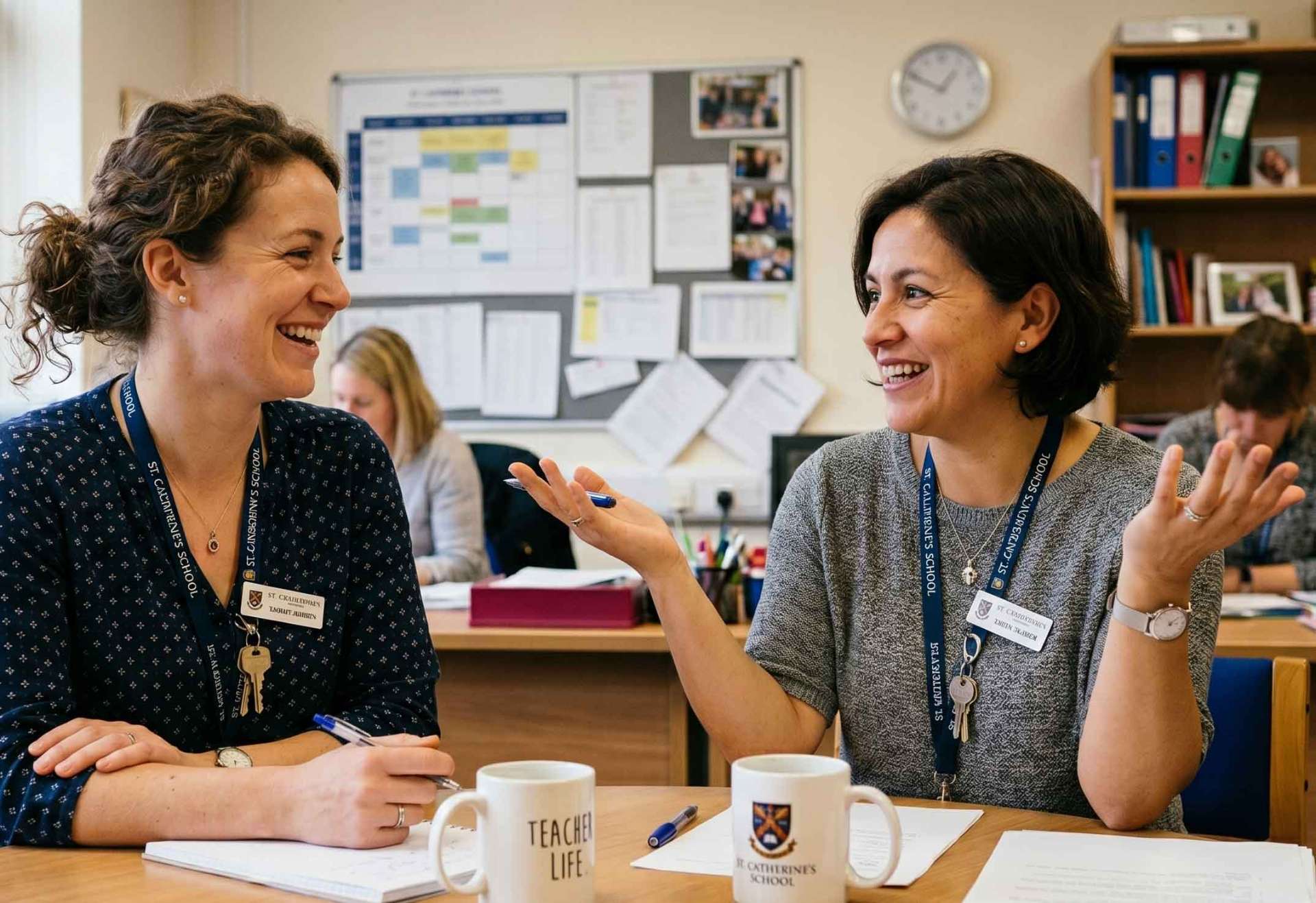 Two teachers in conversation during a collaborative planning session