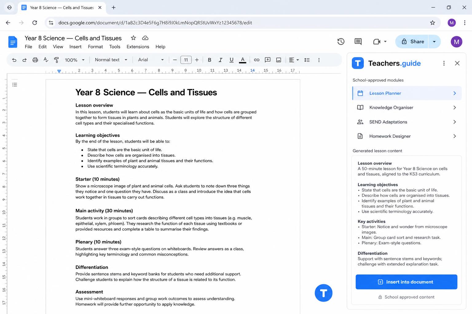 Teachers.guide sidebar inside Google Docs