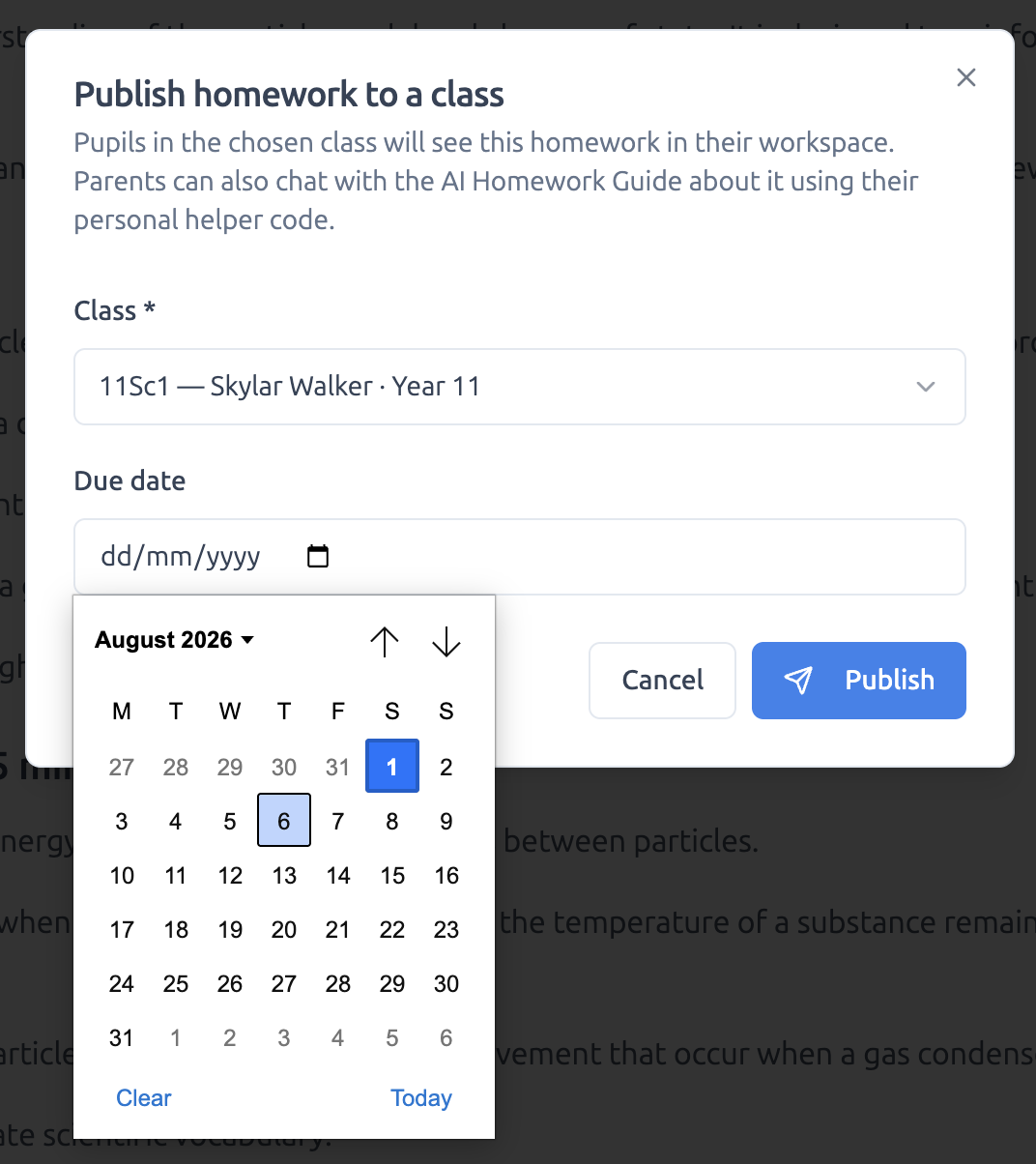 Publish homework to a class dialog with a class selector and a due date calendar open.