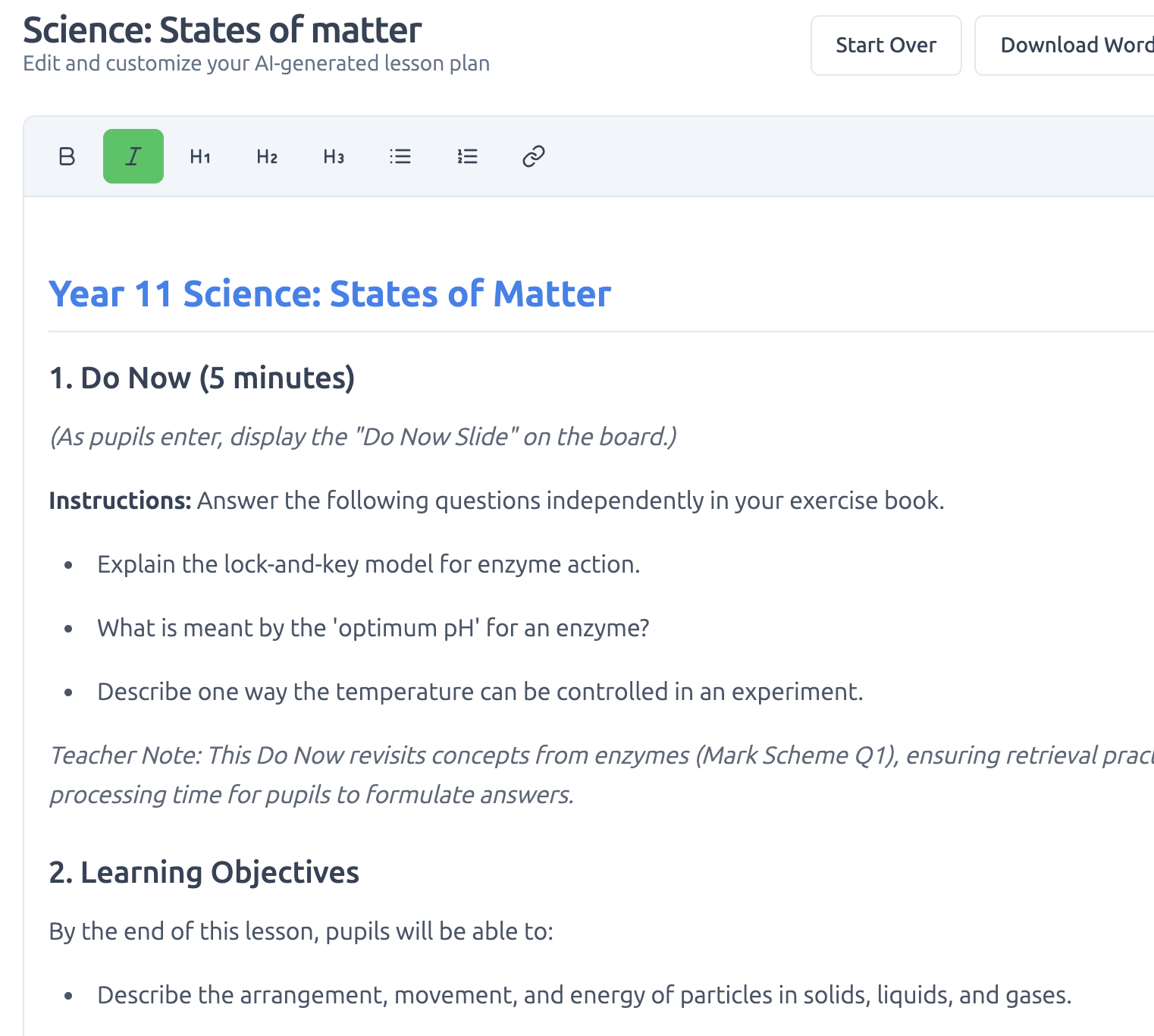 Lesson plan editor for Year 11 Science States of Matter showing a Do Now section, teacher note and learning objectives.