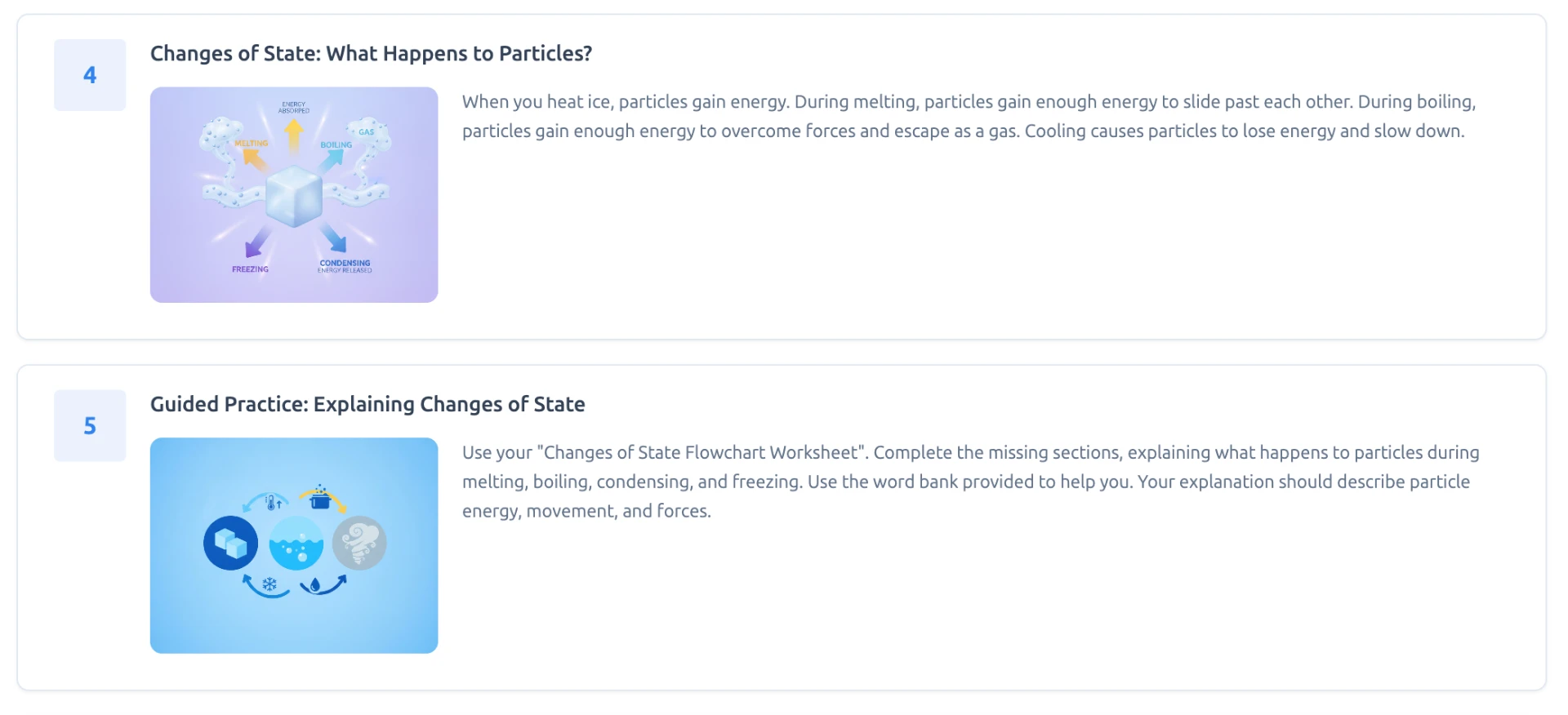 Lesson stages four and five with generated illustrations for changes of state and guided practice alongside pupil instructions.