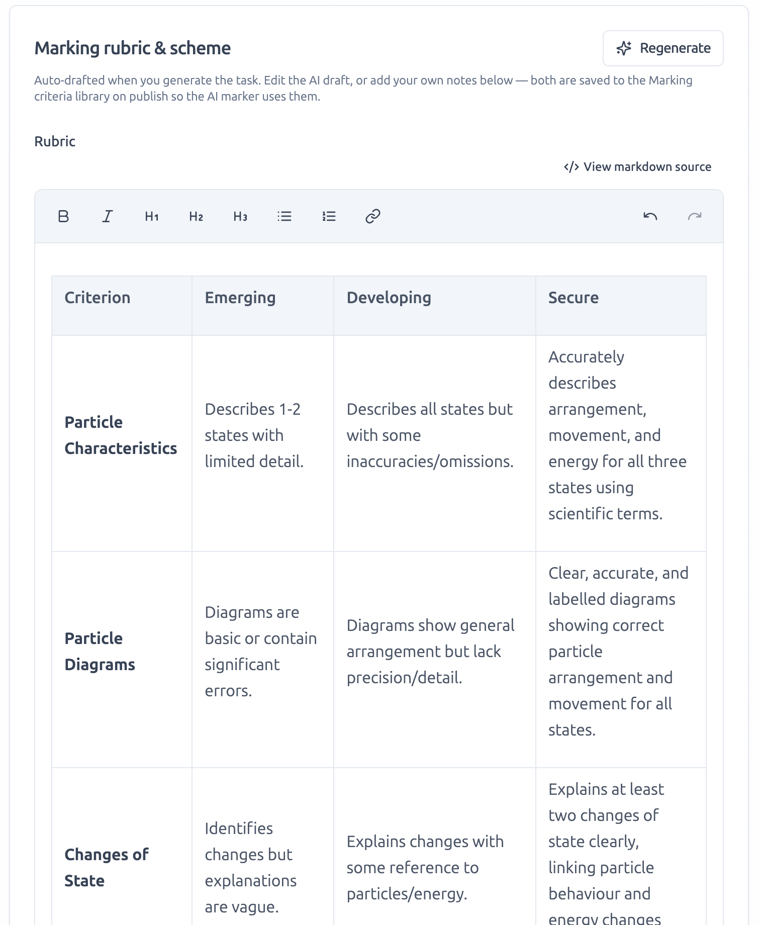 Marking rubric and scheme table with criteria across emerging, developing and secure columns.