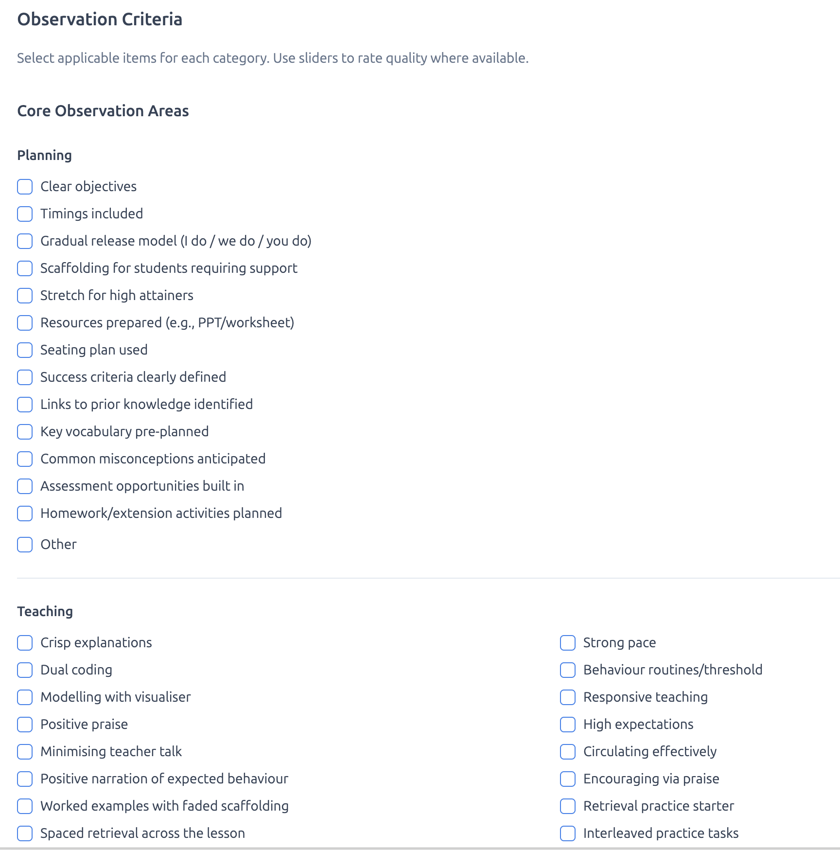 Observation criteria checklist covering planning and teaching core areas.