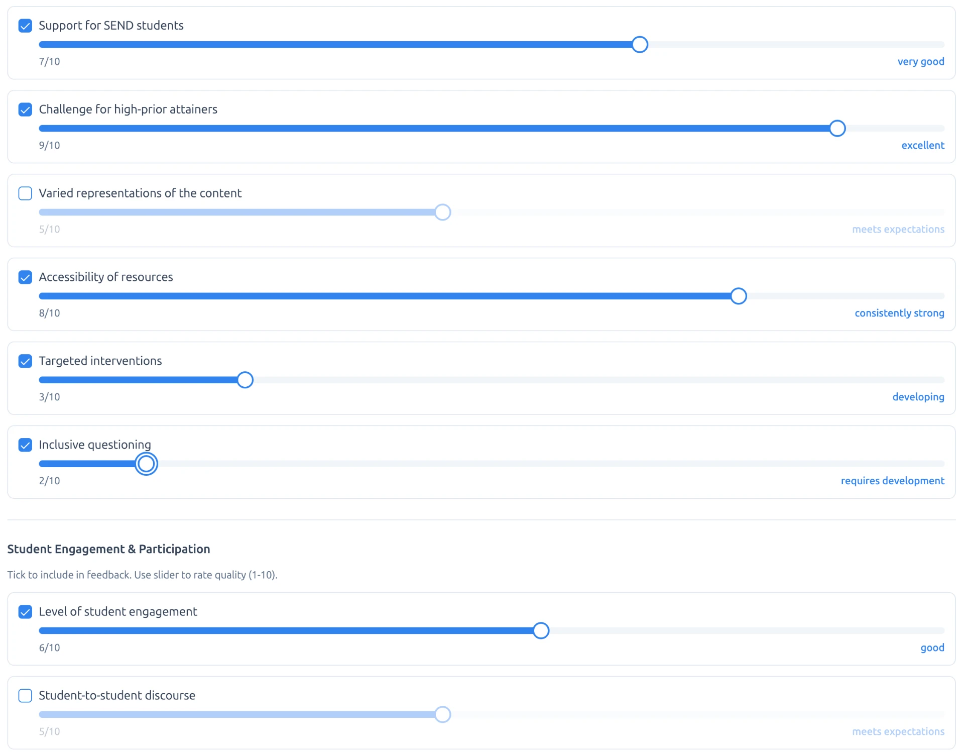 Observation checklist and sliders for SEND support, resource accessibility and pupil engagement.