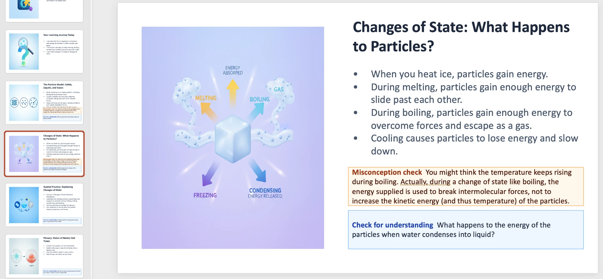 PowerPoint slide on changes of state with a particle diagram on the left, bullet points on the right and misconception check and check for understanding boxes.