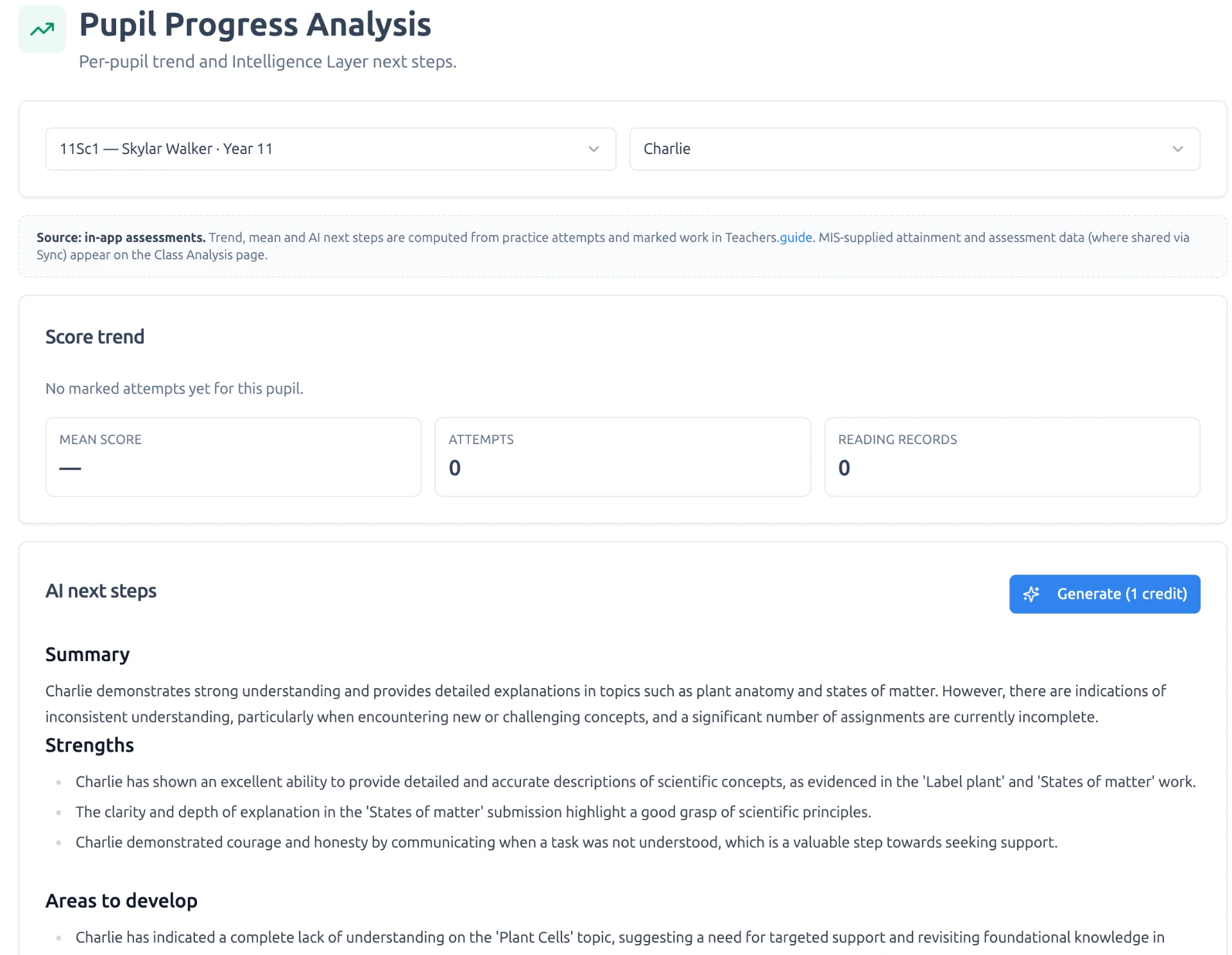 Pupil progress analysis page showing an AI-generated summary of strengths and development areas.