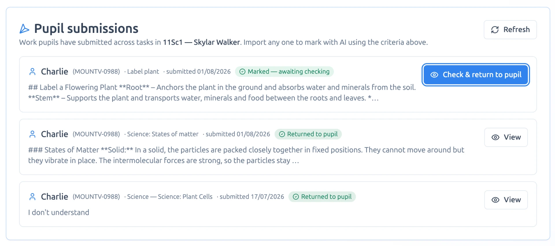Pupil submissions list for a Year 11 Science class showing marked, awaiting checking and returned work.