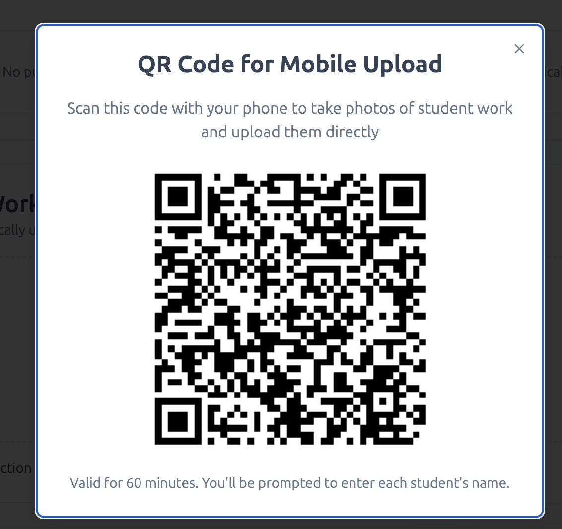 QR code dialog for uploading photographs of pupil work from a phone, valid for sixty minutes.