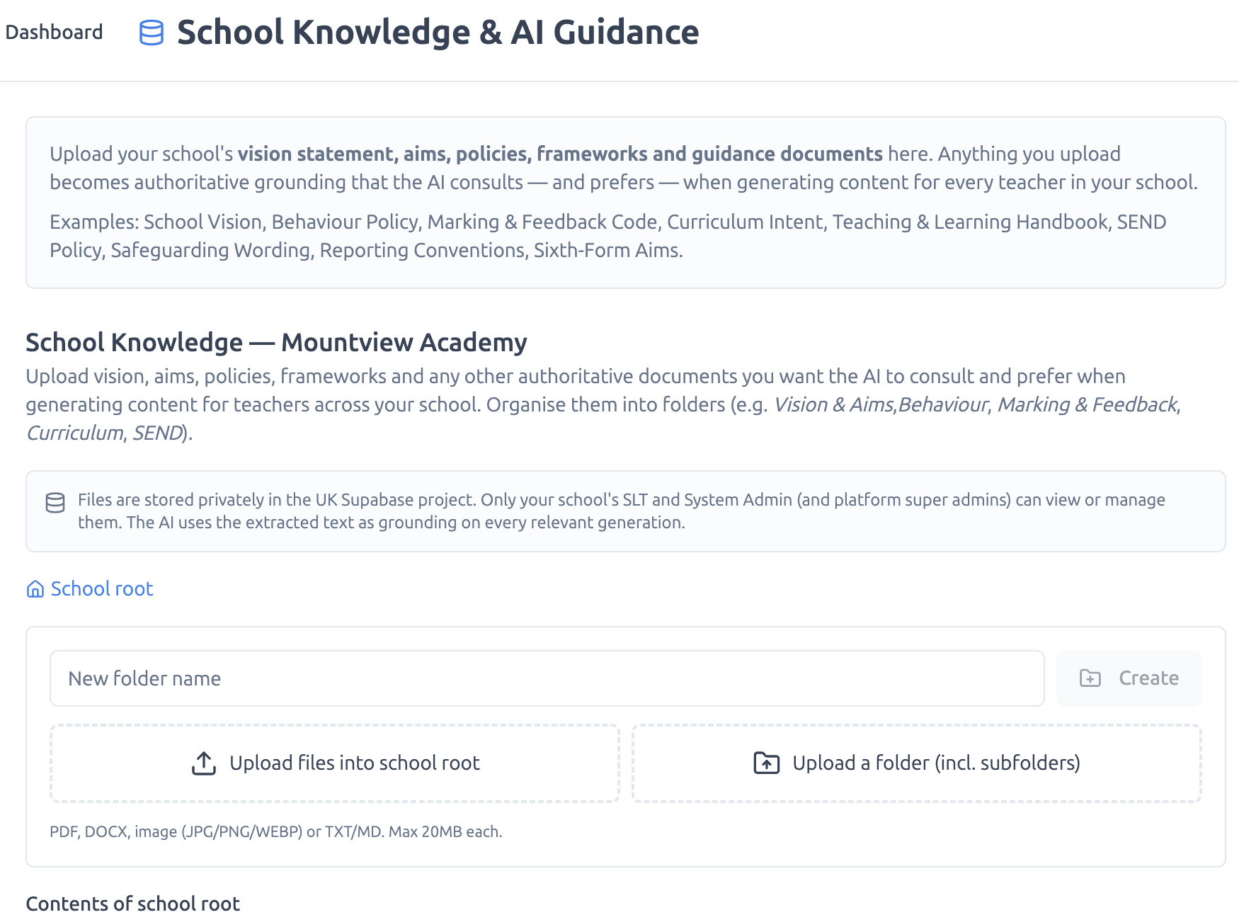 School Knowledge and AI Guidance dashboard for uploading school policy documents that ground the AI.