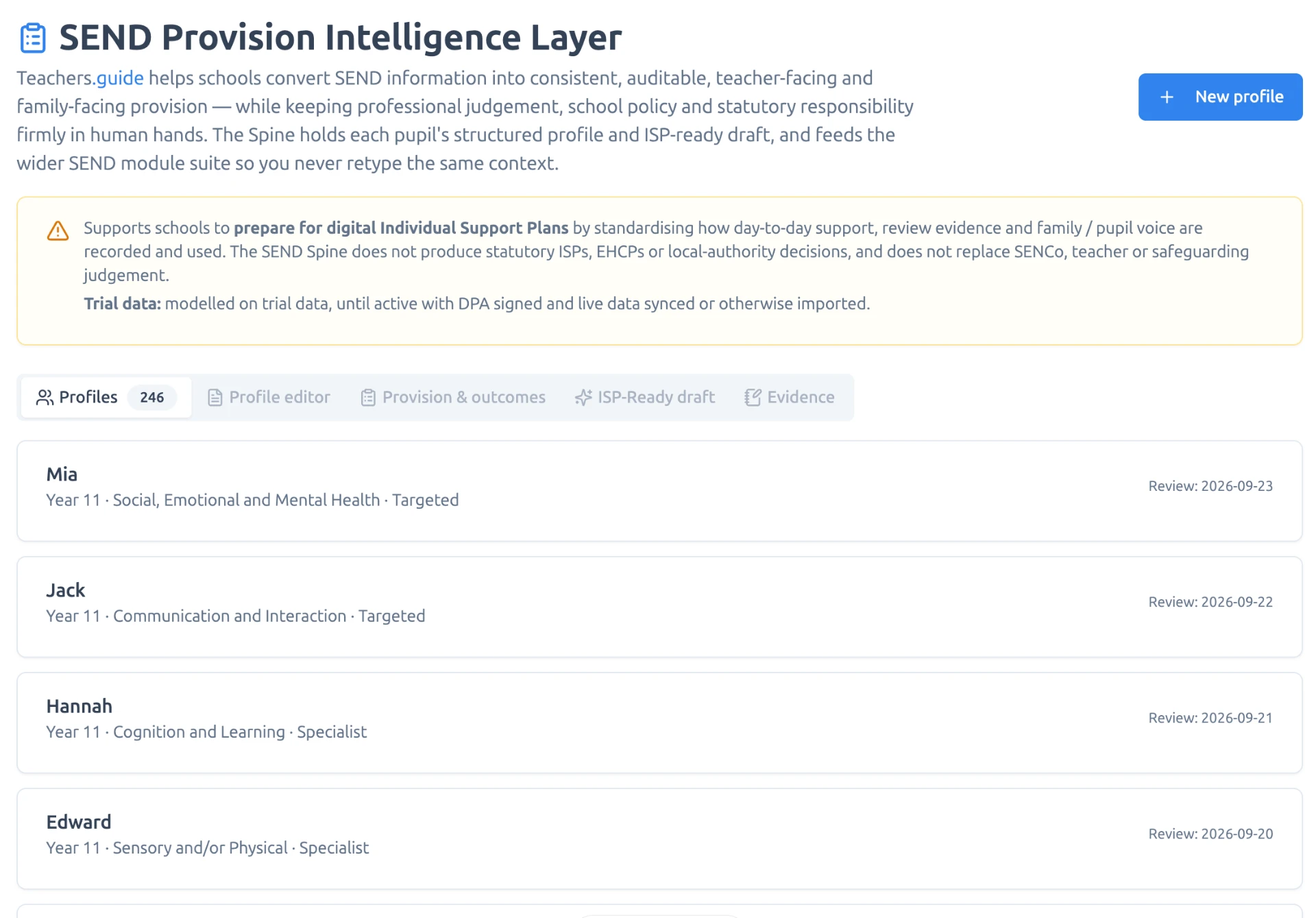 SEND Provision Intelligence Layer – Every pupil support record in one spine – year group, area of need, level of support and next review date.