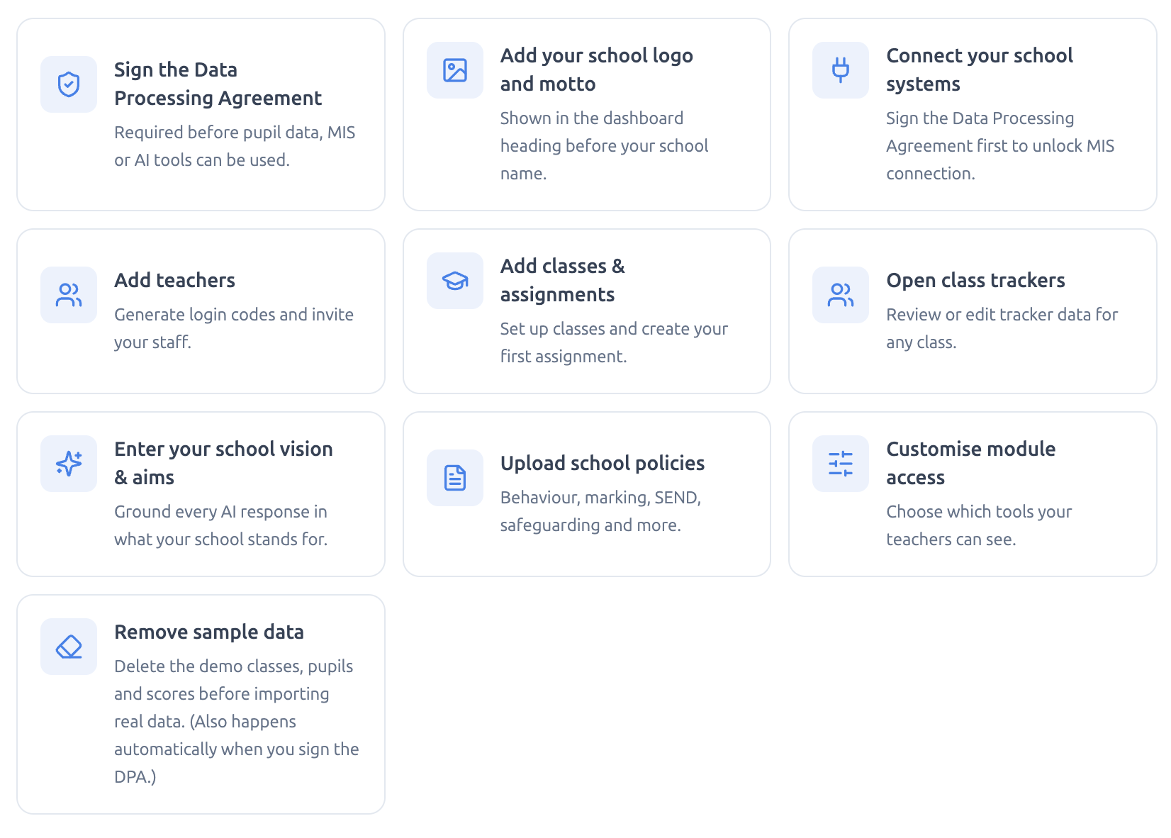 SLT setup checklist showing data processing agreement, school logo, adding teachers and uploading policy tasks.