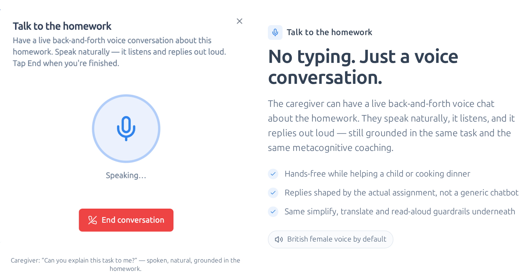 Talk to the homework voice conversation dialog with a live speaking indicator and an end call button.